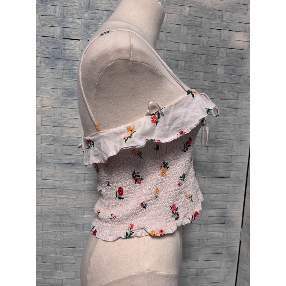 Zara Trafaluc Womens M Floral Smocked Camisole Crop Top White Ruffle Cottagecore - Picture 3 of 7